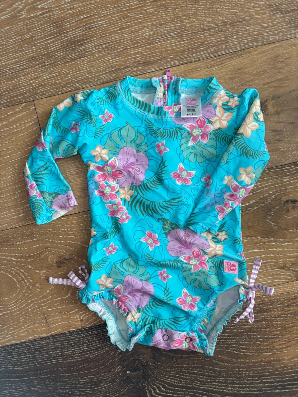 RuffleButts Tropical Floral Long Sleeve Rash Guard Swimsuit 6-12M